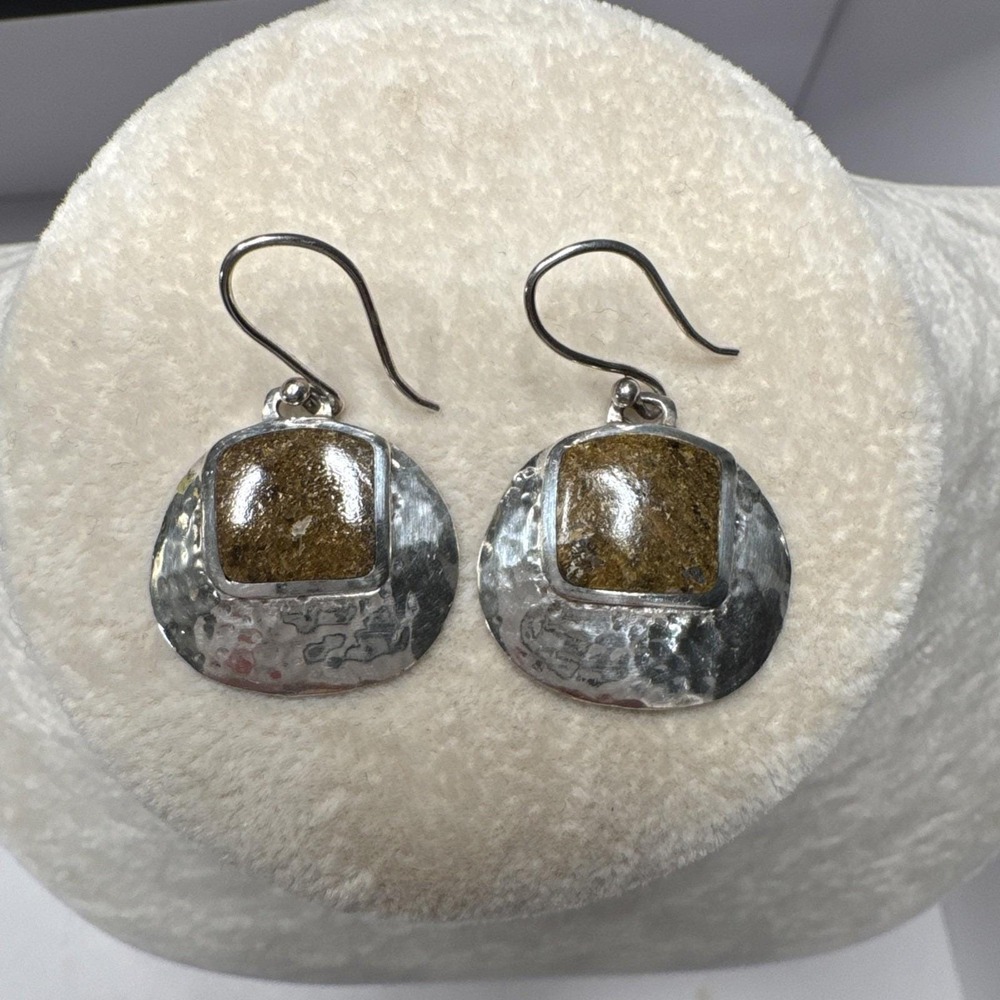 VTG Retired Silpada Hammered Sterling Silver 924‎ Bronzite Dangle Earrings Boho